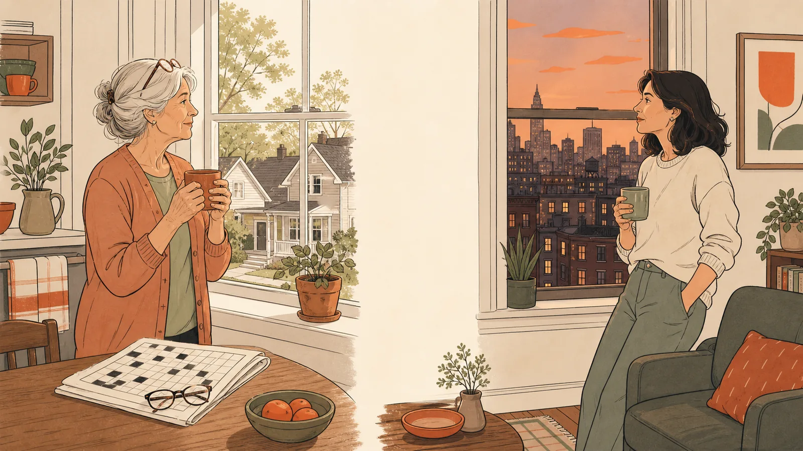 Two rooms in one drawing: a mother at her suburban kitchen window in morning light, her daughter at a city window at dusk, each holding a mug, facing each other across the space between.