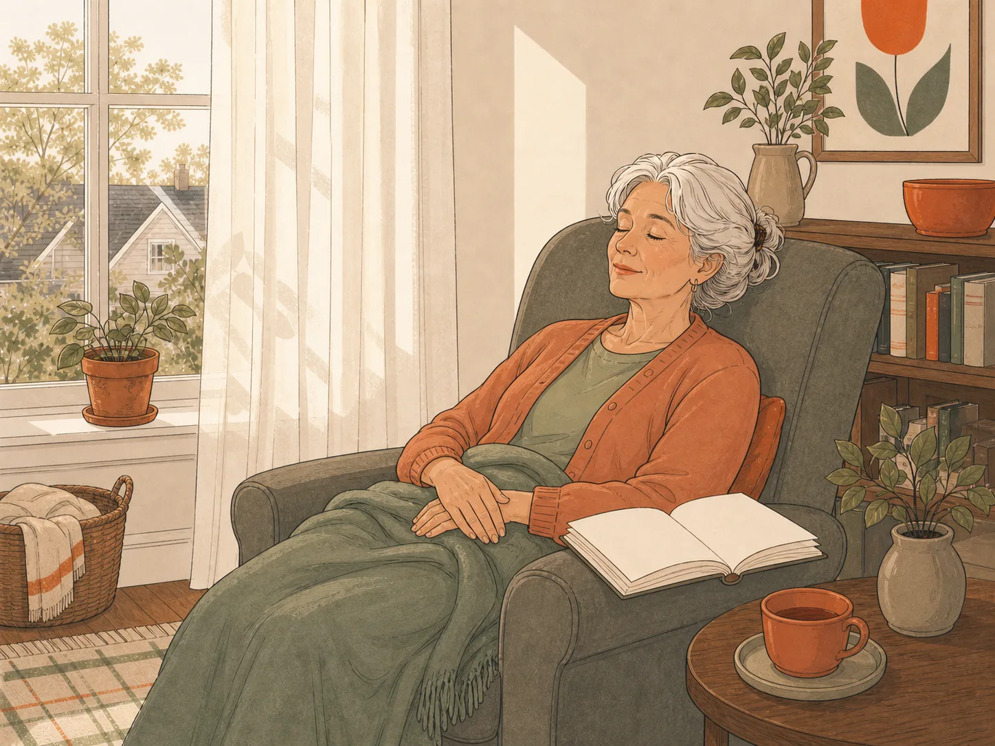The same woman asleep in an armchair in soft afternoon light, a paperback open on the chair's arm, tea cooling on the side table.
