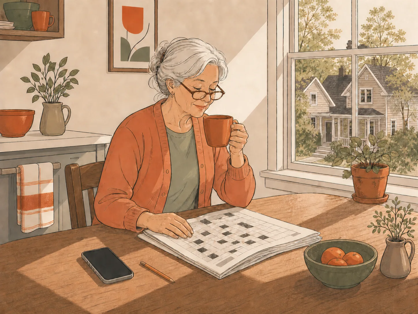 A silver-haired woman does the crossword at a sunny kitchen table, coffee in hand, her phone lying ignored at the table's edge.