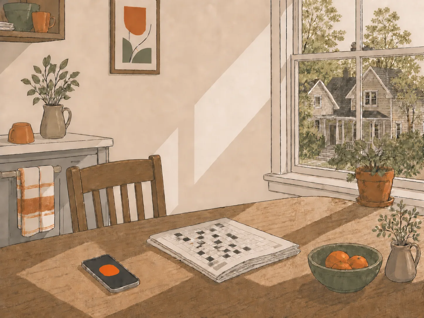 The same kitchen, bright and tidy but empty: the crossword untouched, the chair pushed back, her phone on the table showing one small amber glow.
