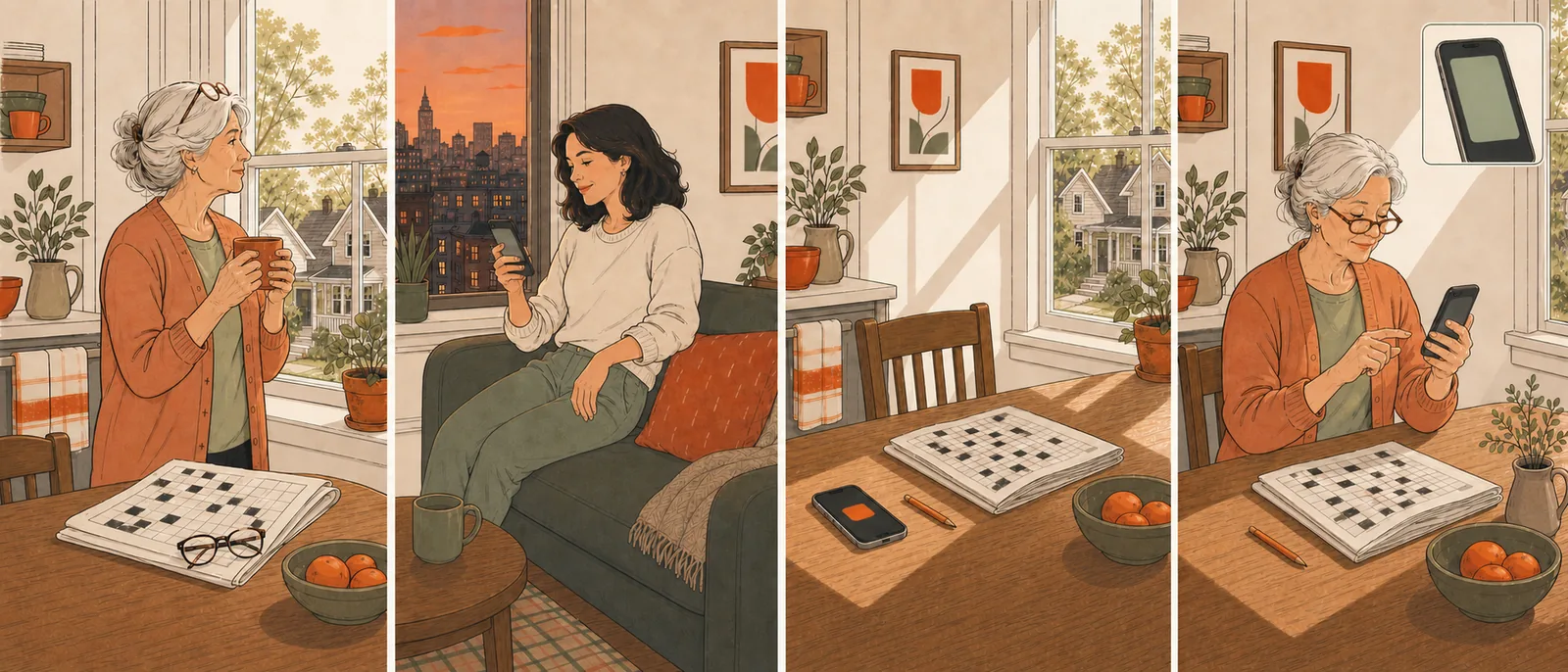 Four drawn panels: her ordinary morning, her daughter at ease in the city, a morning that has not started marked by an amber glow on her phone, and the mother replying as the day resumes.