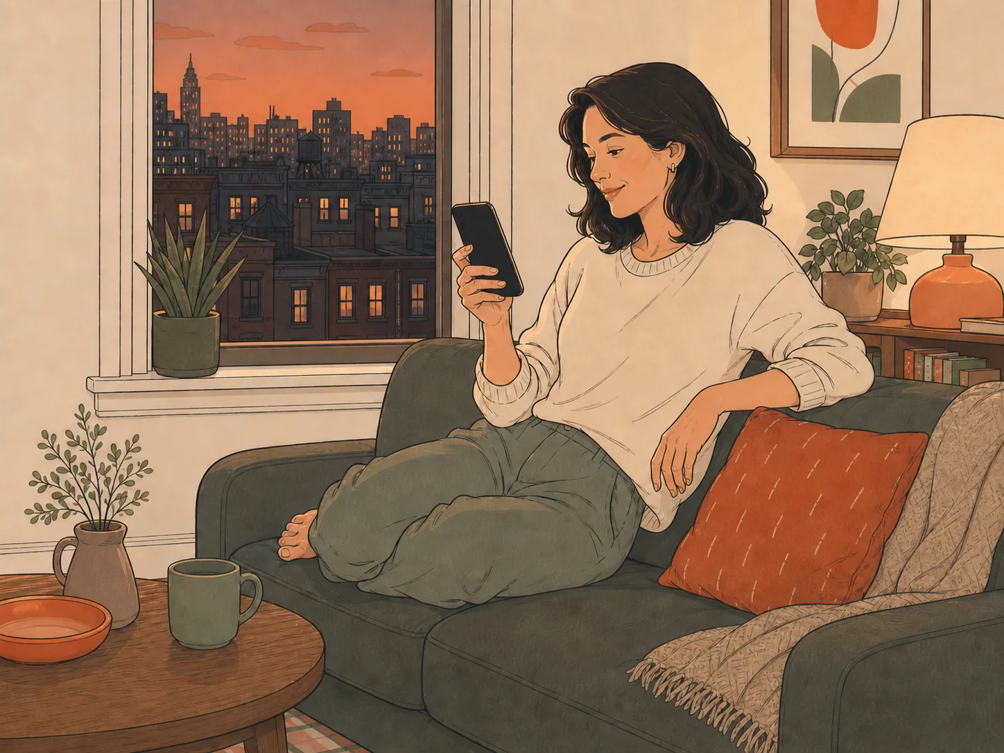 Her daughter curled on a city sofa in lamplight, glancing at her phone with a quiet, relieved smile.